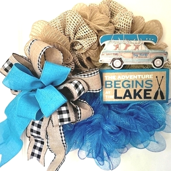 Hand Crafted Other - Deer Bucks Lake Adventure Wreath Wood Deco Mesh Bow